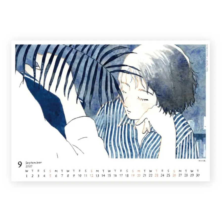A September calendar page featuring an anime-style illustration of a person in a blue striped shirt under palm leaves, with the date 9 shown and a 2027 weekly calendar strip along the bottom.