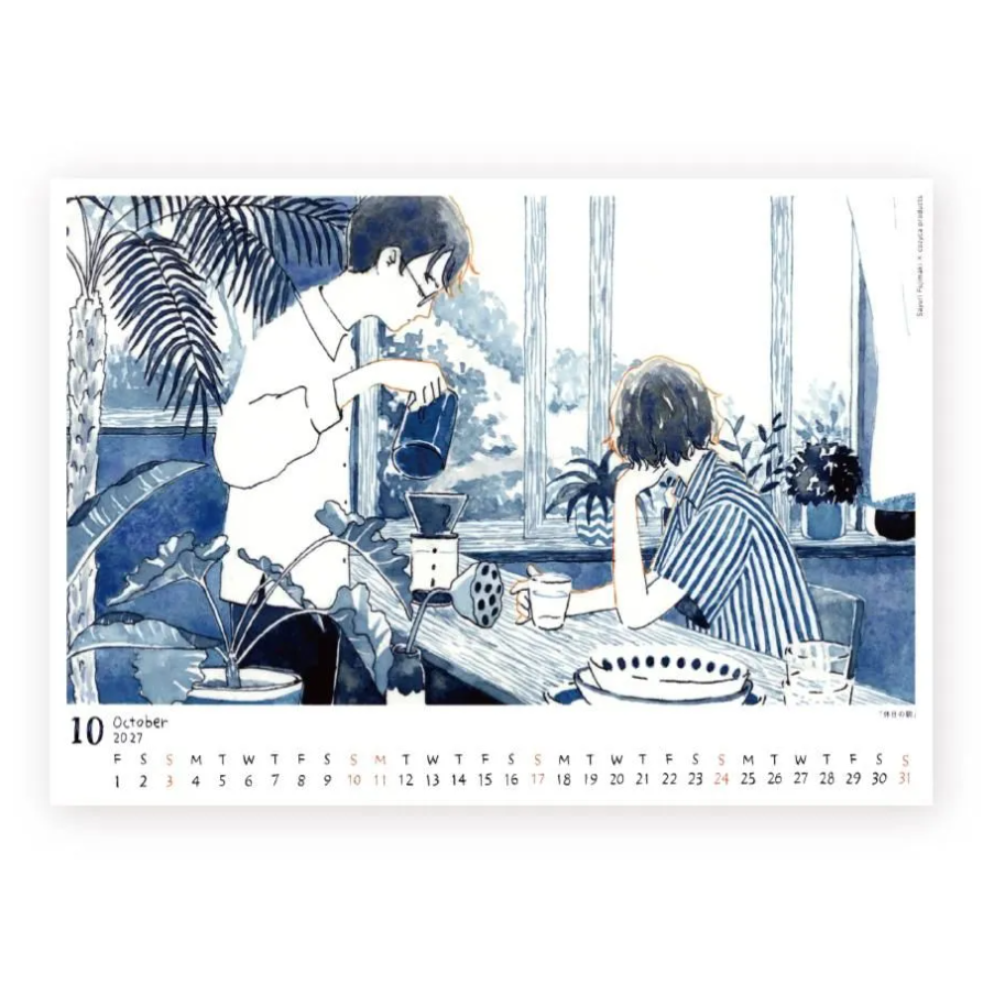 A wall calendar page for October 2027 featuring an illustrated blue-and-white cafe scene with two people at a table, plus a printed calendar footer with days of the week and dates at the bottom.
