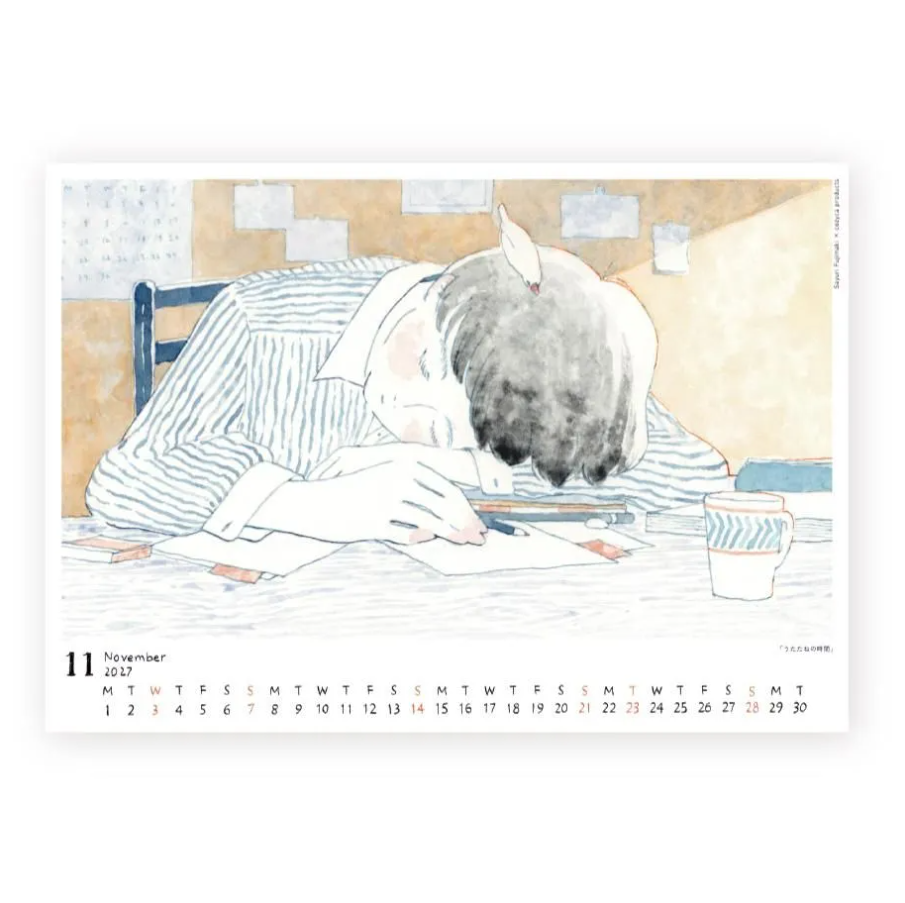 A watercolor-style calendar page showing a person slumped over at a desk, with a small monthly calendar grid for November 2027 along the bottom. The artwork uses soft beige, blue-gray, gray, and muted brown tones on a white page background.