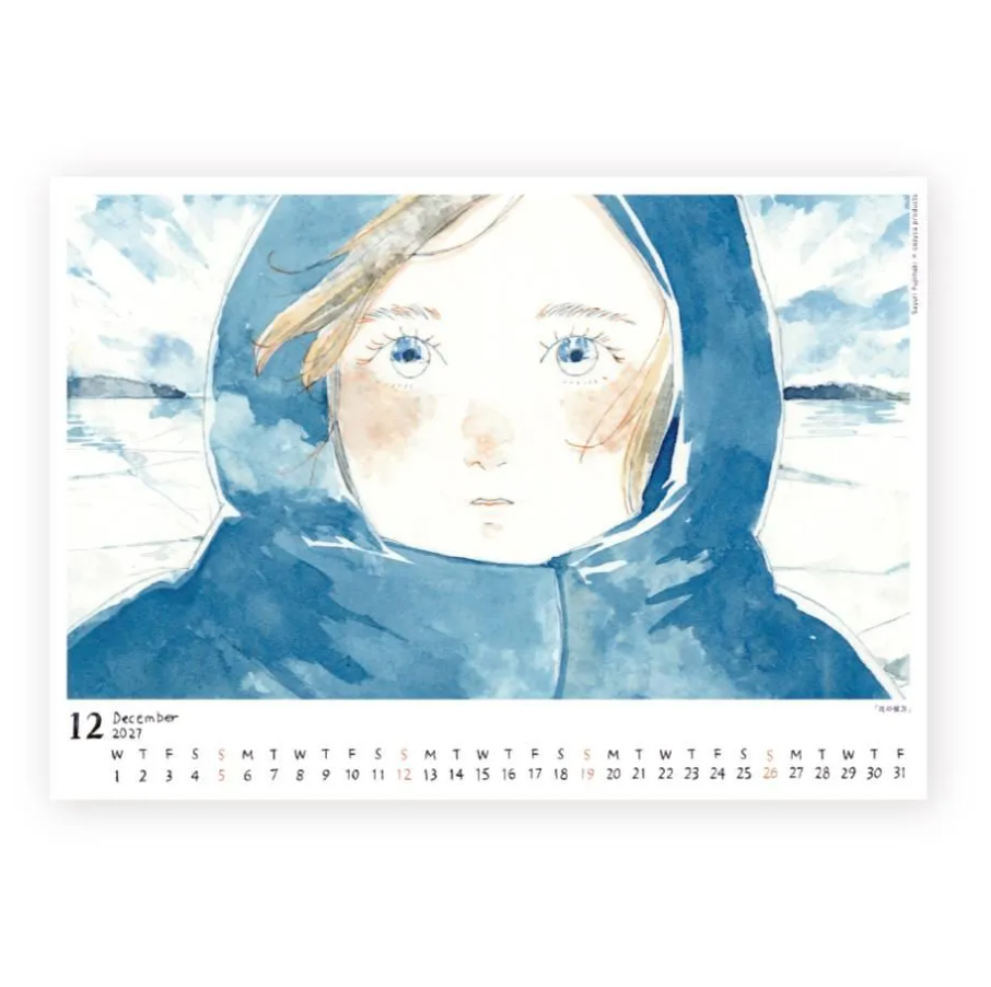 A watercolor-style calendar page showing a young girl with blue eyes in a blue hooded jacket against a snowy outdoor background. The bottom of the page includes the date December 2027 and a weekday grid.