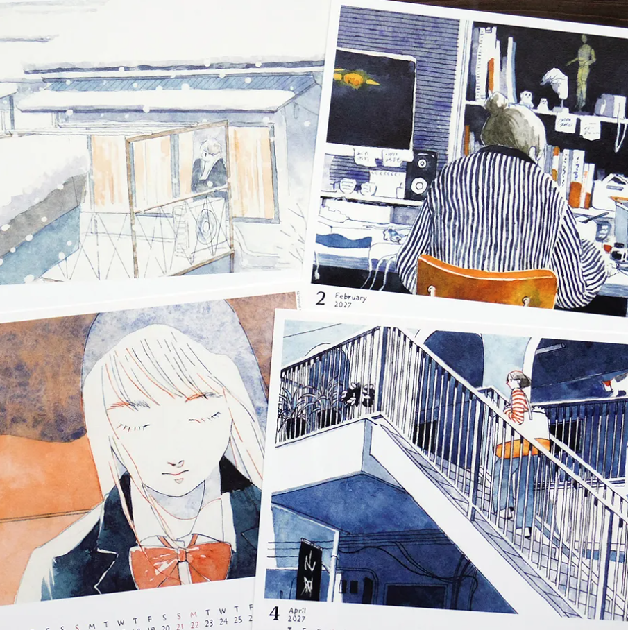 A collage of illustrated calendar pages showing anime-style scenes and characters, including a balcony scene, a person at a computer, a close-up portrait with a red bow, and a staircase passage. The artwork uses blue, white, black, and warm beige/orange accents.