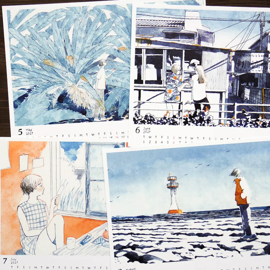 Four illustrated calendar prints arranged on a white background, each showing a watercolor-style scene: a large blue agave plant, people on a seaside porch, a woman by a window, and a lighthouse over the ocean. 