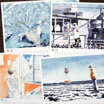 Four illustrated calendar prints arranged on a white background, each showing a watercolor-style scene: a large blue agave plant, people on a seaside porch, a woman by a window, and a lighthouse over the ocean. 