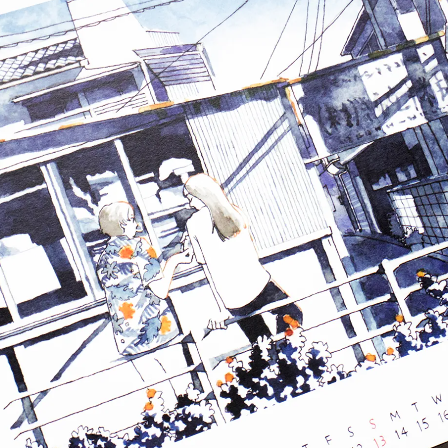 Watercolor-style illustration of a Japanese street scene with two people standing on a balcony, rendered in blue, white, and black tones with small orange floral accents.