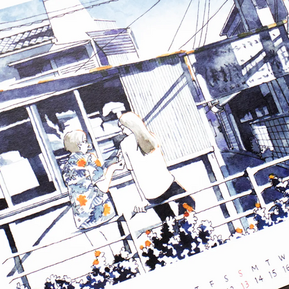 Watercolor-style illustration of a Japanese street scene with two people standing on a balcony, rendered in blue, white, and black tones with small orange floral accents.