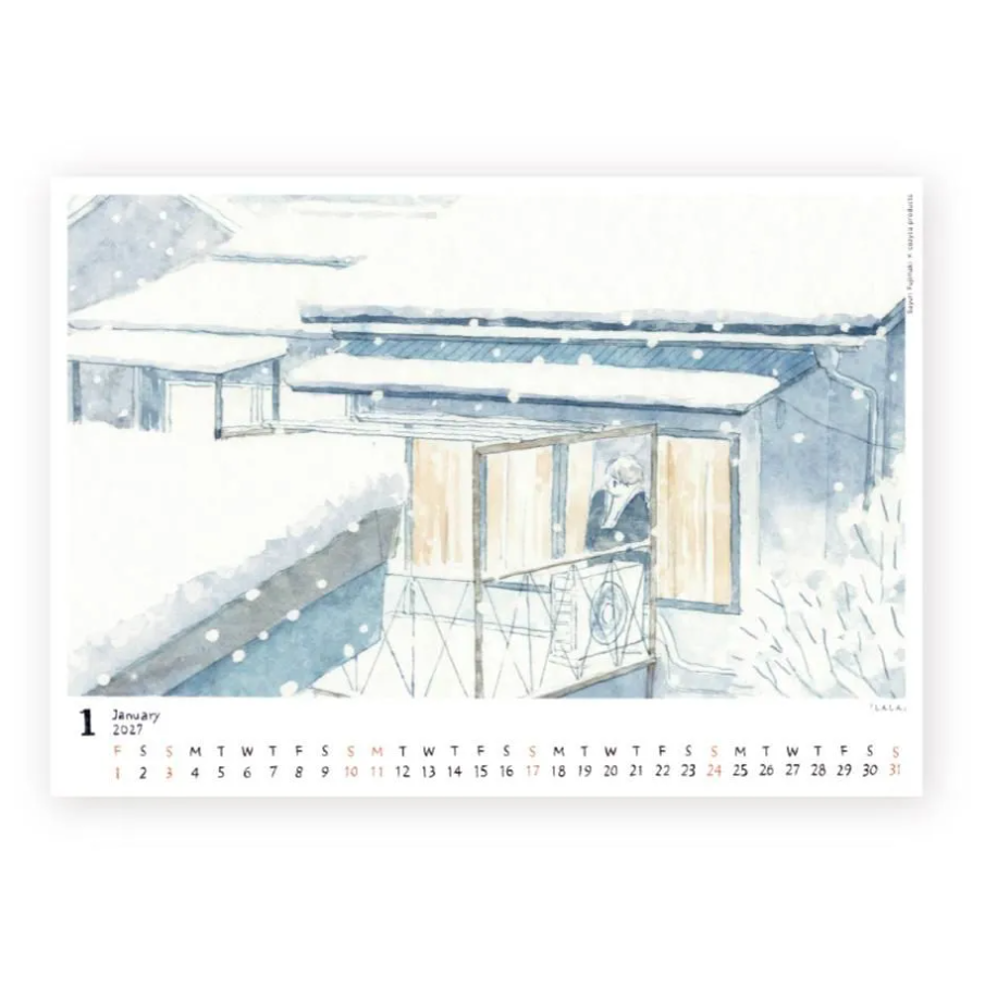 A watercolor-style calendar page showing a snowy outdoor scene with a person standing on a balcony. The bottom of the page includes a January 2027 calendar grid.