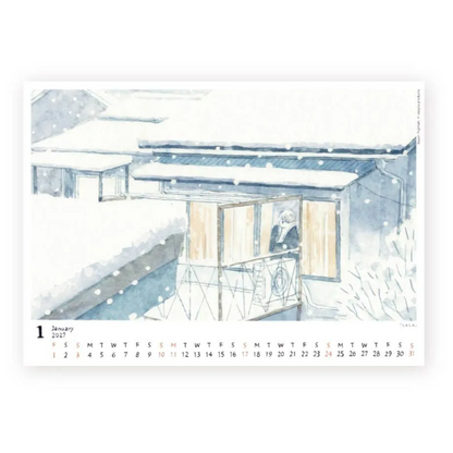 A watercolor-style calendar page showing a snowy outdoor scene with a person standing on a balcony. The bottom of the page includes a January 2027 calendar grid.