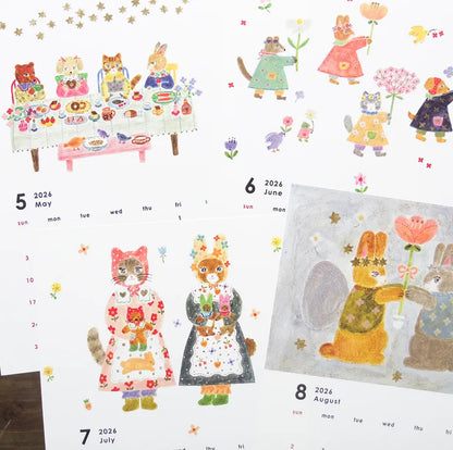 Calendar with illustrated animals and flowers on a white background