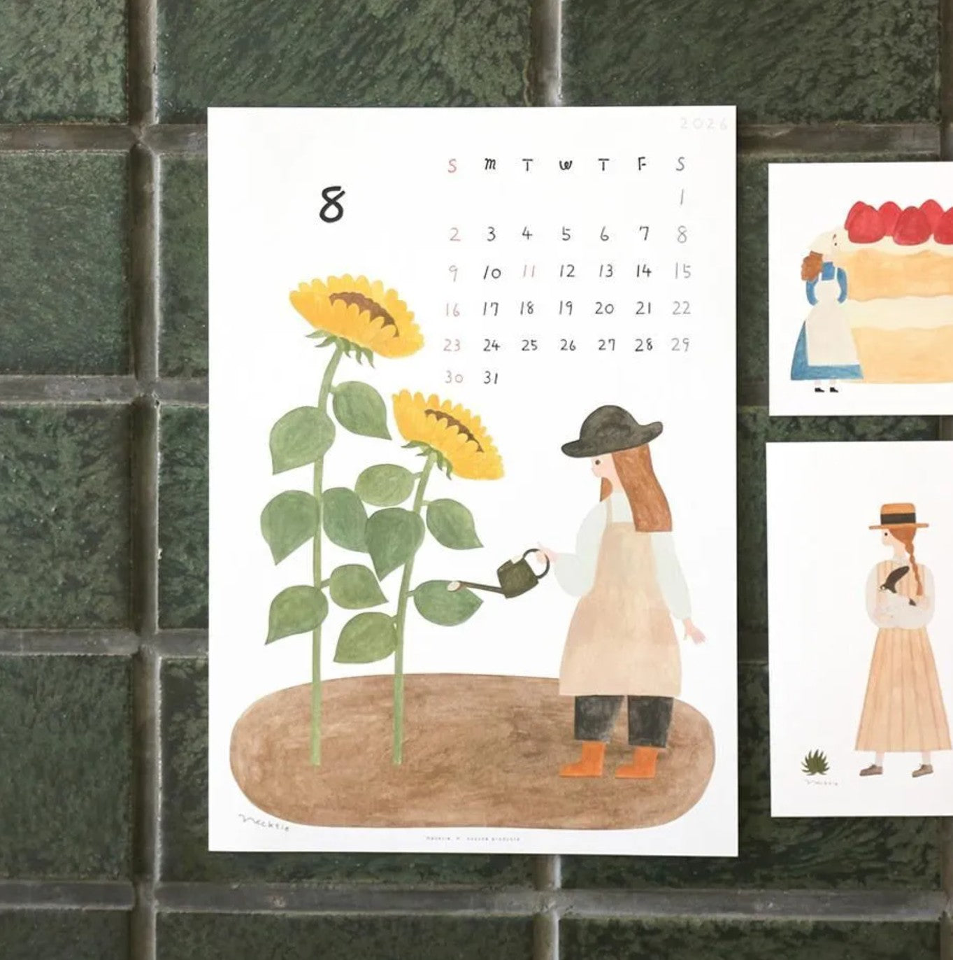 Calendar with illustration of a person watering sunflowers set against a tiled wall.