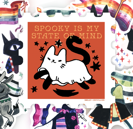 Book Moth Press - Stamp-Shaped Sticker - Spooky Cute Ghost Cat